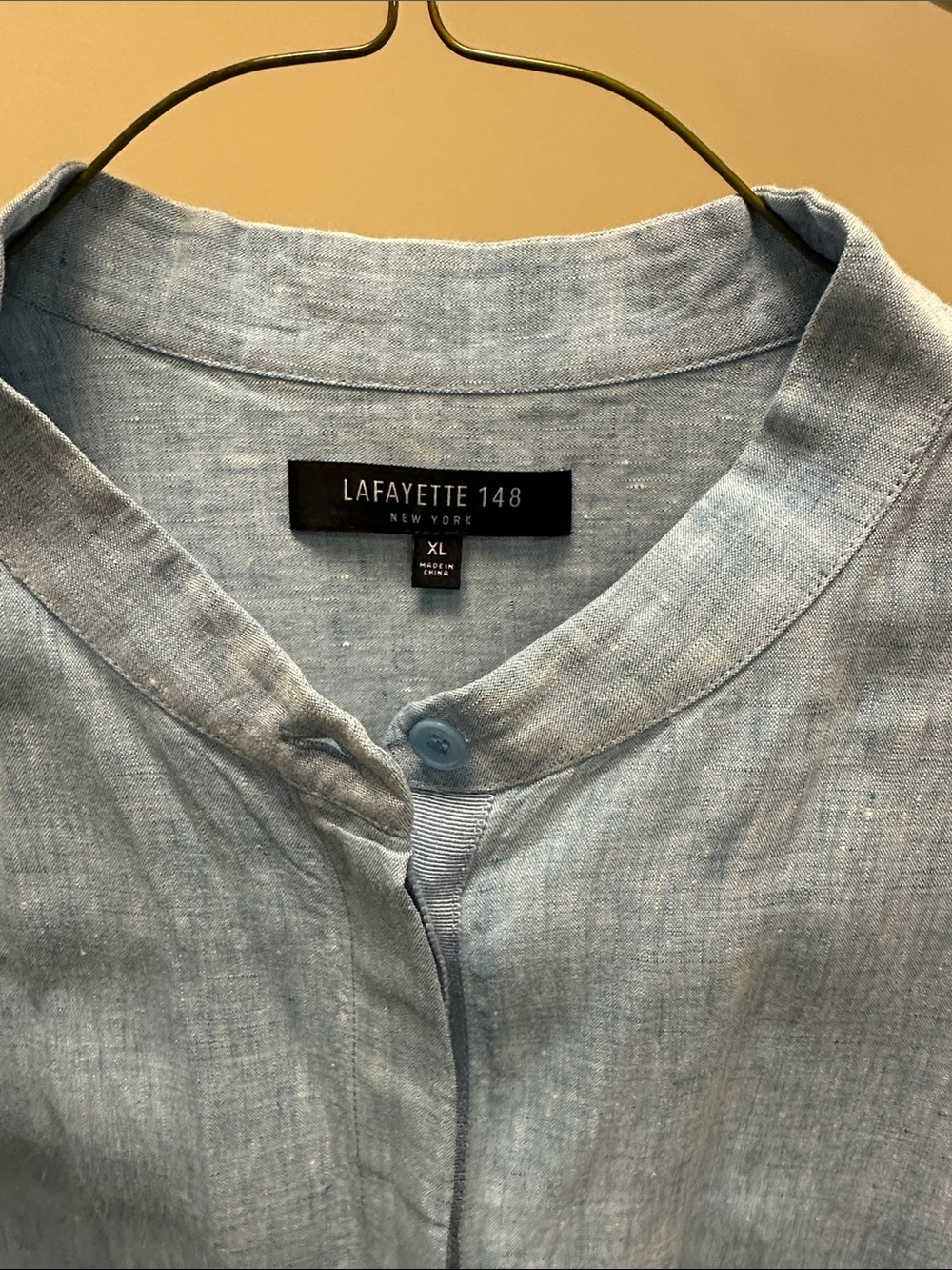 Lafayette 148 New York Light Blue Short-Sleeve Mandarin Collar Button-Down - Picture 2 of 3